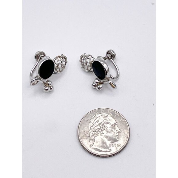 VTG Star-Art Sterling Silver Black Onyx Earrings Screw-Back Mid Century Modern - Picture 3 of 8
